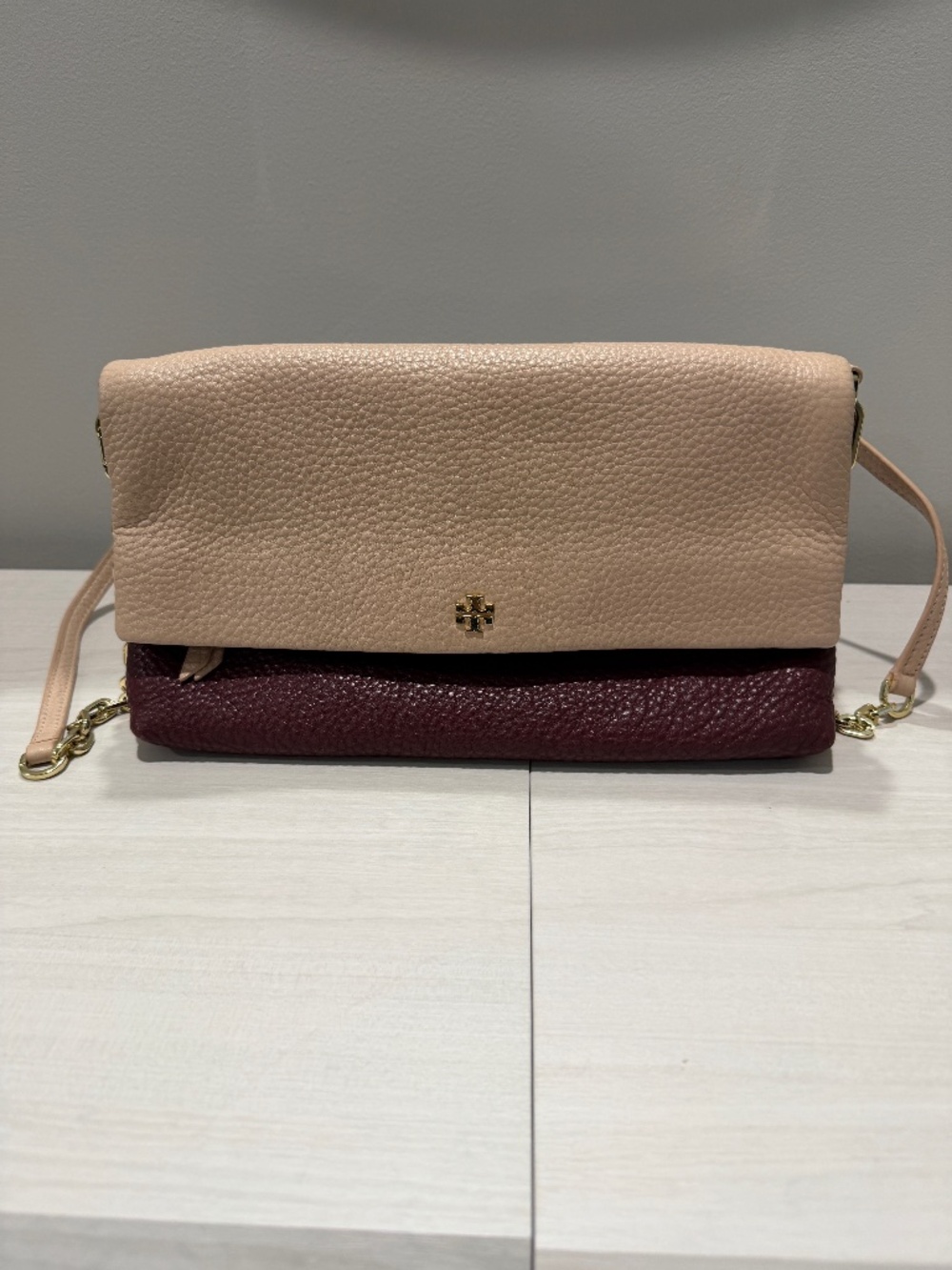 AUTHENTIC Tory Burch Foldover Crossbody | Rare Two-Tone Light Oak + Burgundy